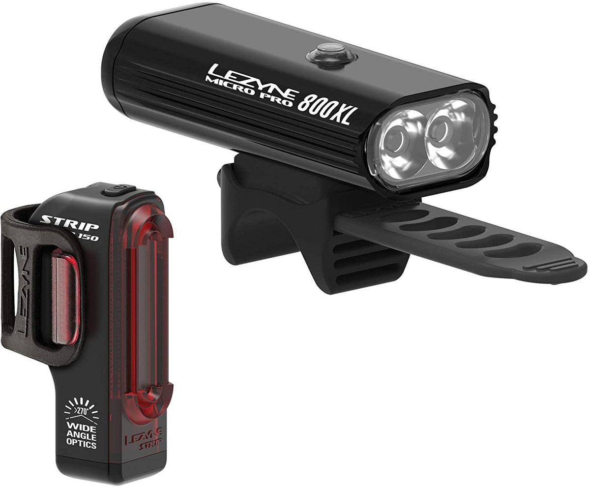 LEZYNE Micro Pro 800XL & Strip Drive Bicycle Light Pair, Head 800 Lumens, Rear 150 Lumens, USB Rechargeable, Bike Light Combo Set