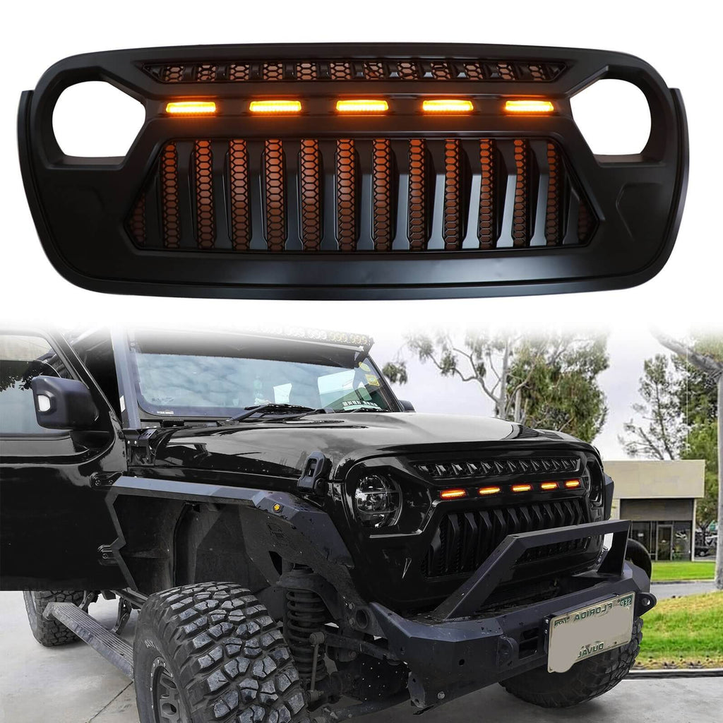 2018-2023 Wrangler JL Front Bumper Grille Grill With 5 LED Amber Light Generic