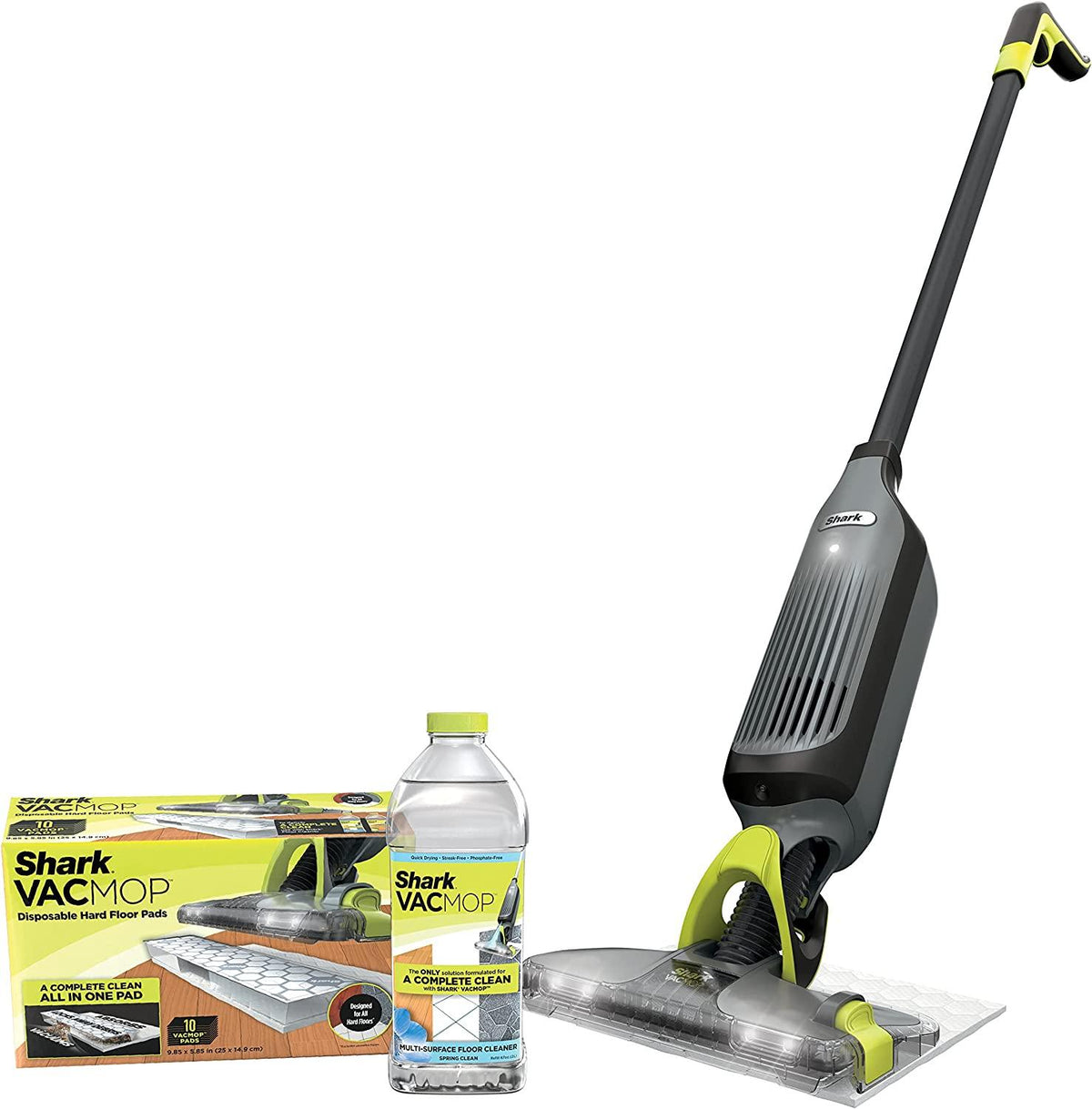 Shark VM252 VACMOP Pro Cordless Hard Floor Vacuum Mop with LED Headlights, 4 Disposable Pads &amp; 12 oz. Cleaning Solution, Charcoal Gray