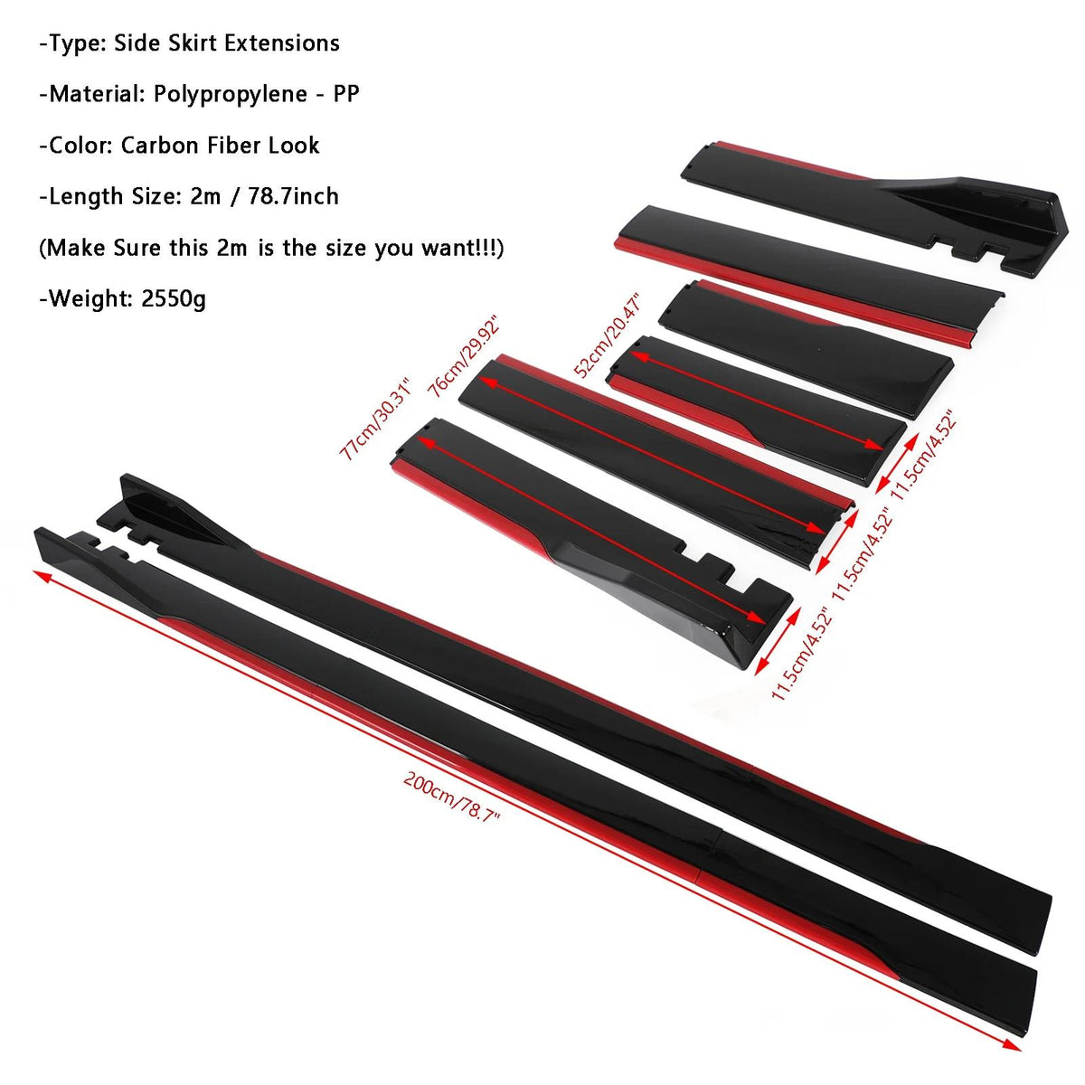 78.7" Universal Side Skirt Extensions Rocker Panel Splitters Lip Polypropylene Fit Benz CLA GLA A B Class W117 C117 W176 A45 CLS SLS Generic