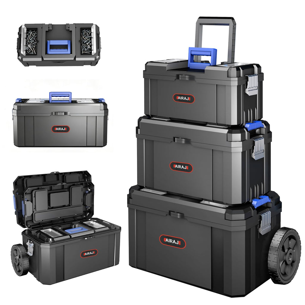 3-In-1 Tool Box with Wheels | Rolling Stackable Tool Box | Modular Tools StoraSystem | Small Toolbox with Detachable Parts Box Organizer丨Portable Toolbox for Garages,Home DIY,Workshop丨17+19+21"