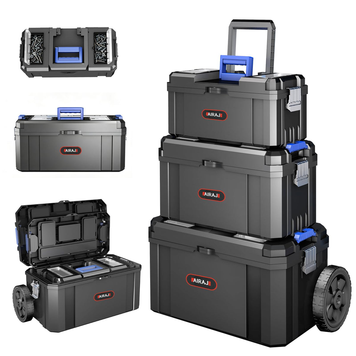 3-In-1 Tool Box with Wheels | Rolling Stackable Tool Box | Modular Tools StoraSystem | Small Toolbox with Detachable Parts Box Organizer丨Portable Toolbox for Garages,Home DIY,Workshop丨17+19+21"