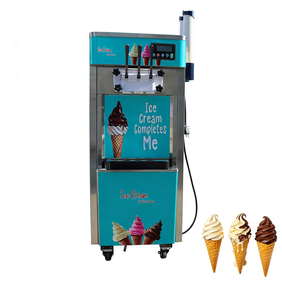 Commercial 3 Head Ice Cream Machine 20-30L/H Soft Serve Machine with Dual 6L Hoppers Automatic Cleaning Ice Cream Freezer for Shop Restaurant Cafe  Steel 1.8KW