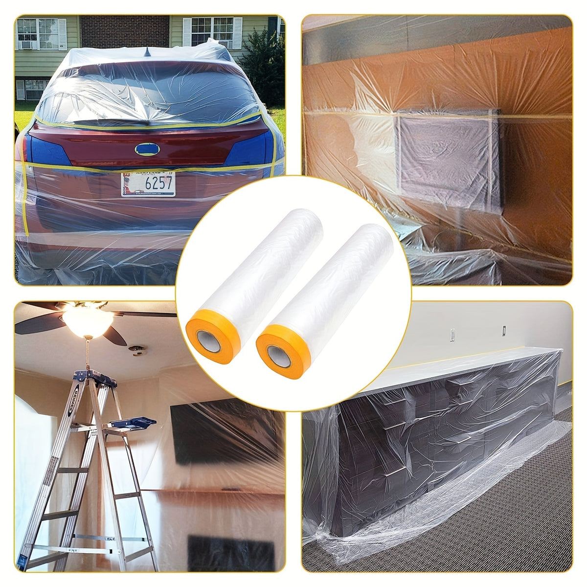 Pre-Taped MasFilm, Clear Plastic Sheeting Plastic Drop Cloths For Painting, Automotive Appliance, Plastic Sheeting Cover For Home Painting