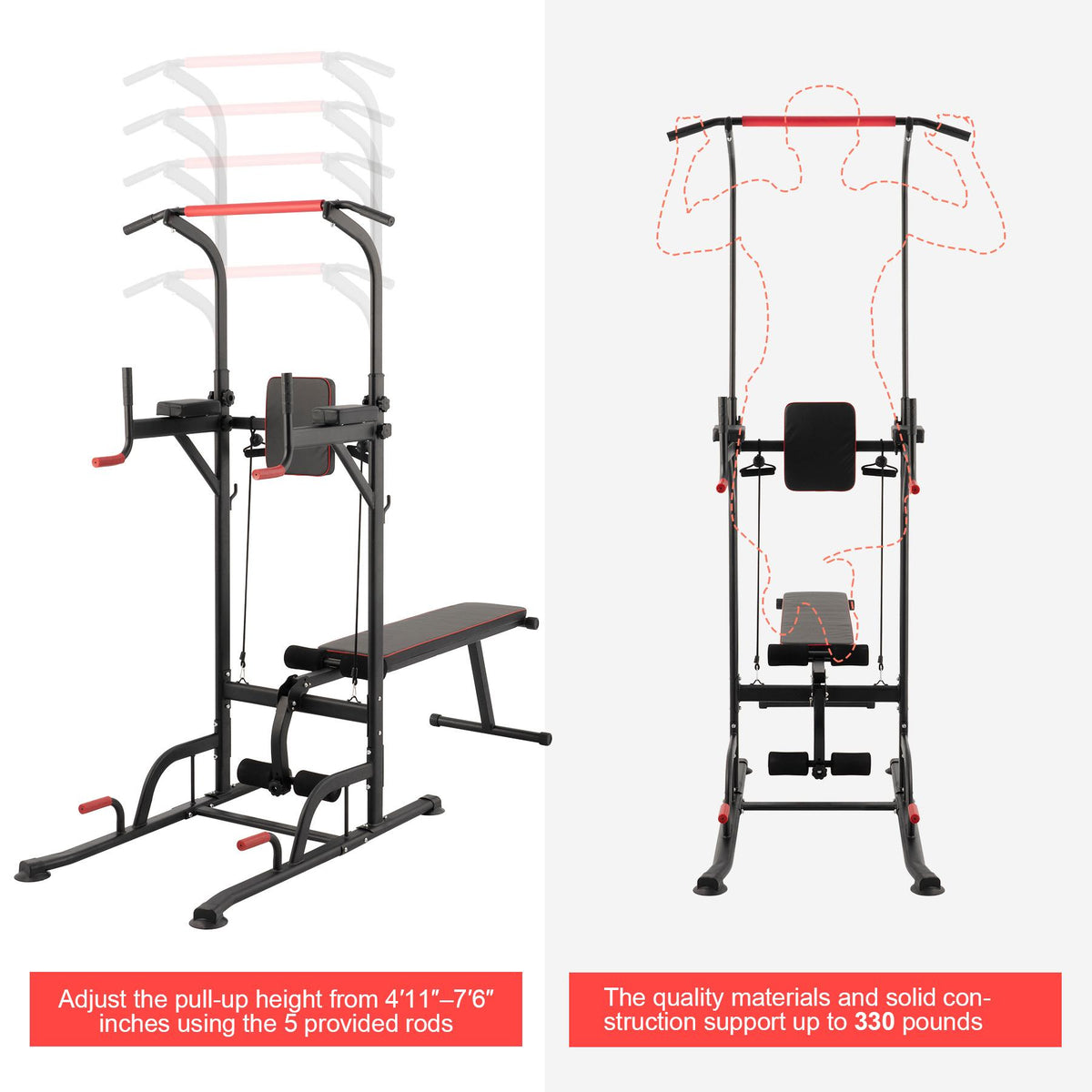 Power Tower Pullup Bar Dip Station with Situp Bench Home Gym Workout Equipment