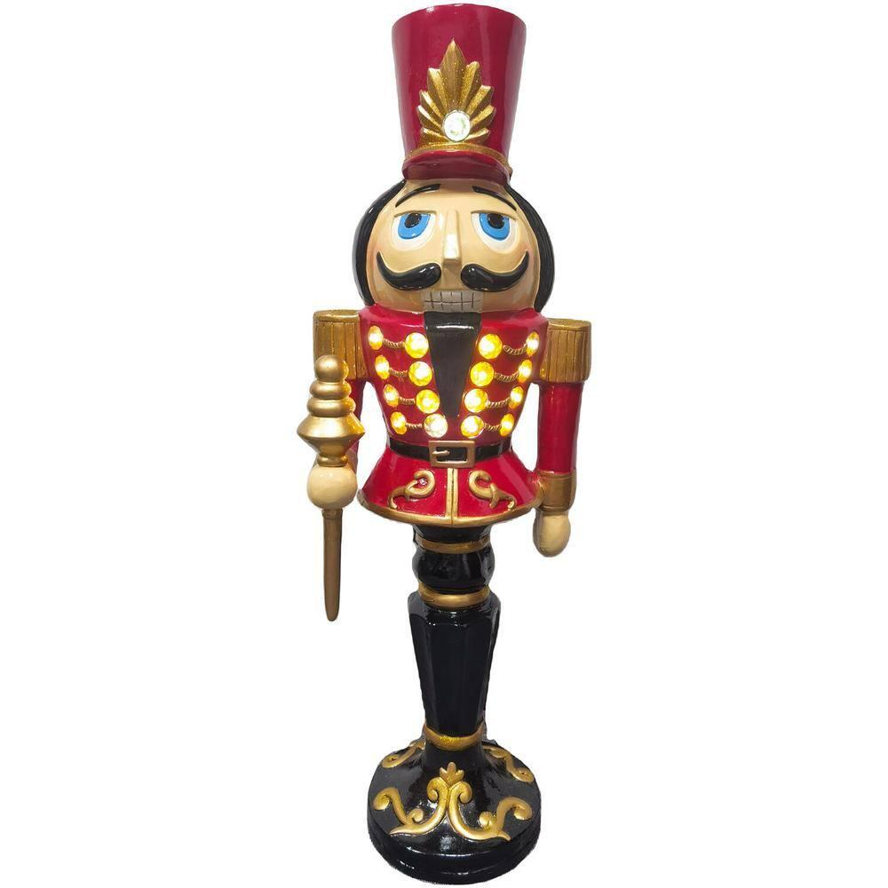 36 in. Red Resin Christmas Nutcracker Toy Soldier on a Pedestal Base with LED Lights