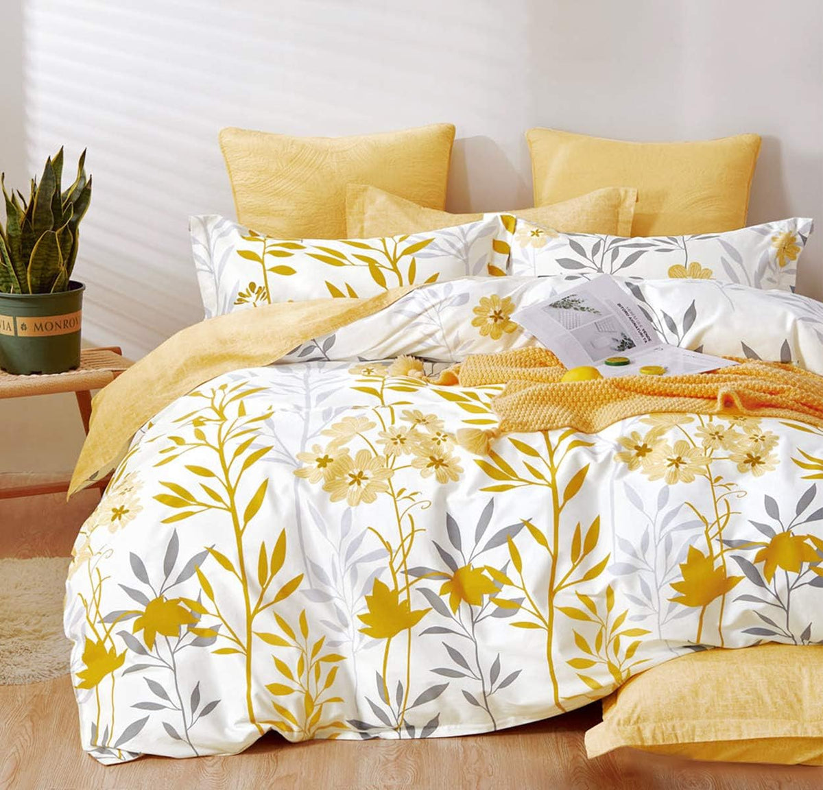 SLEEPBELLA Duvet Cover Queen Size, 600 Thread Count Cotton Grey Branches and Yellow Flower Reversible Comforter Cover(Queen, White Leaf)