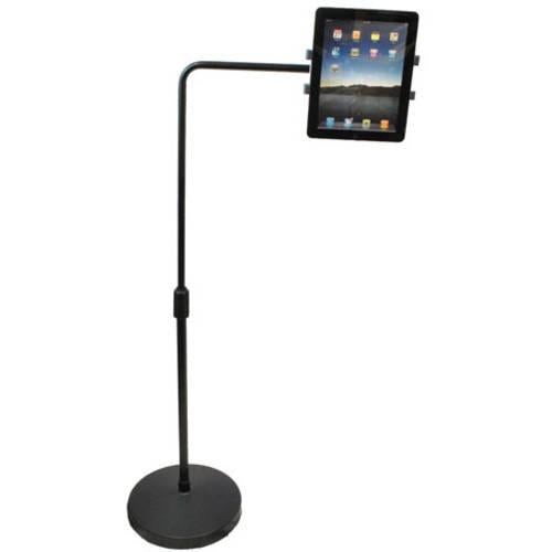 Universal Tablet Holder, Floor Stand on Weighted Round Base, Telescoping Post with L-Extension Arm