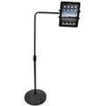 Universal Tablet Holder, Floor Stand on Weighted Round Base, Telescoping Post with L-Extension Arm