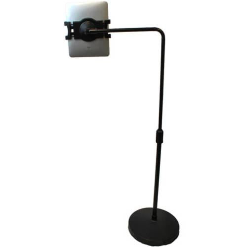 Universal Tablet Holder, Floor Stand on Weighted Round Base, Telescoping Post with L-Extension Arm