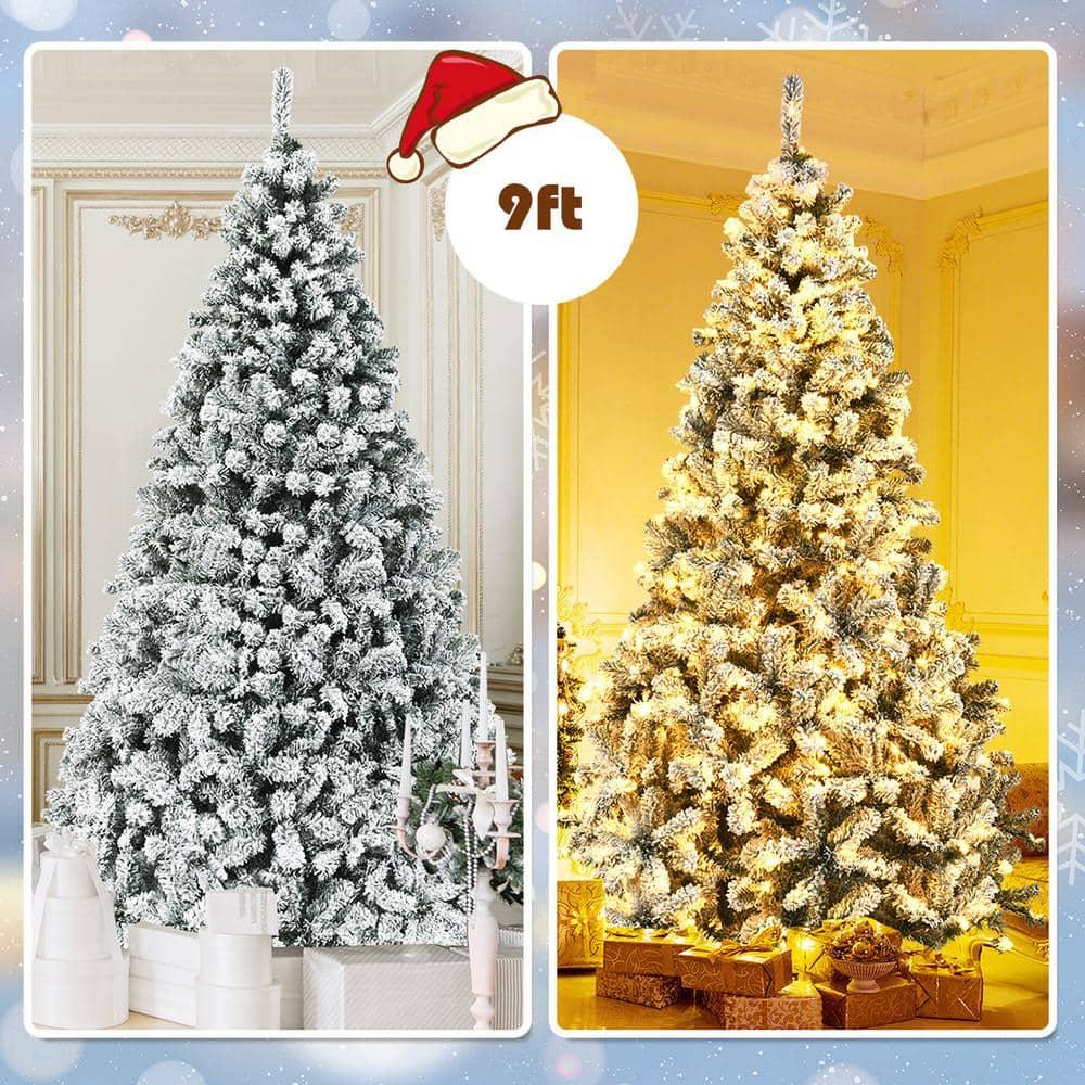 9 ft. Pre-Lit LED Flocked Snow Hinged Pine Artificial Christmas Tree with 550 White Lights