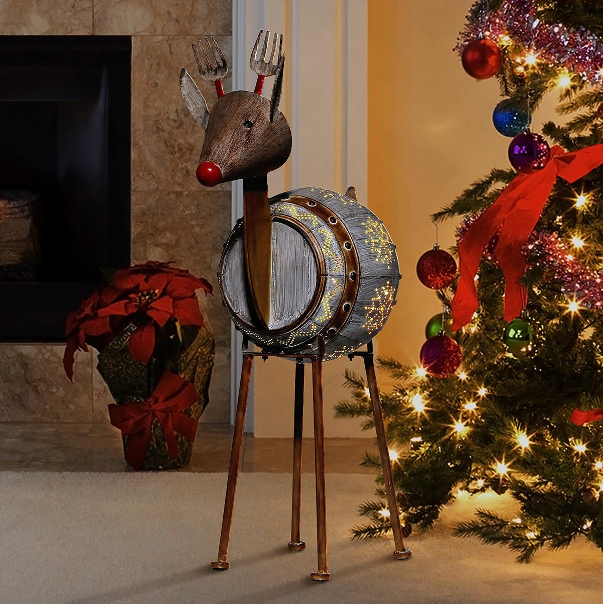 Alpine Corporation Metallic Barreled Reindeer With Warm White LED Lights