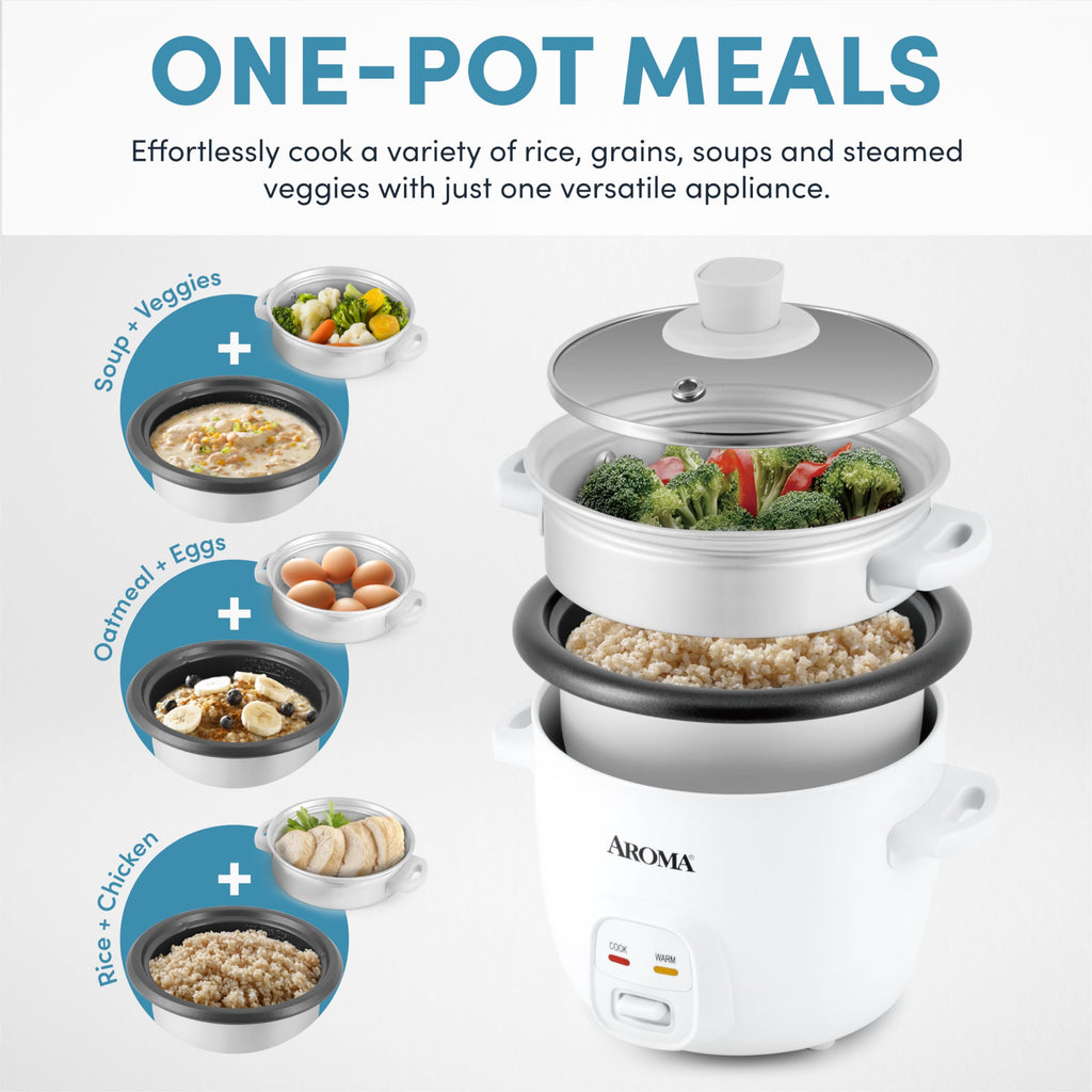 Rice Cooker, 2-Cup (Uncooked) / 4-Cup (Cooked), Steamer, Grain Cooker, Soup Maker, Oatmeal Cooker, Auto Keep Warm, 1 Qt, White, ARC-302-1NG