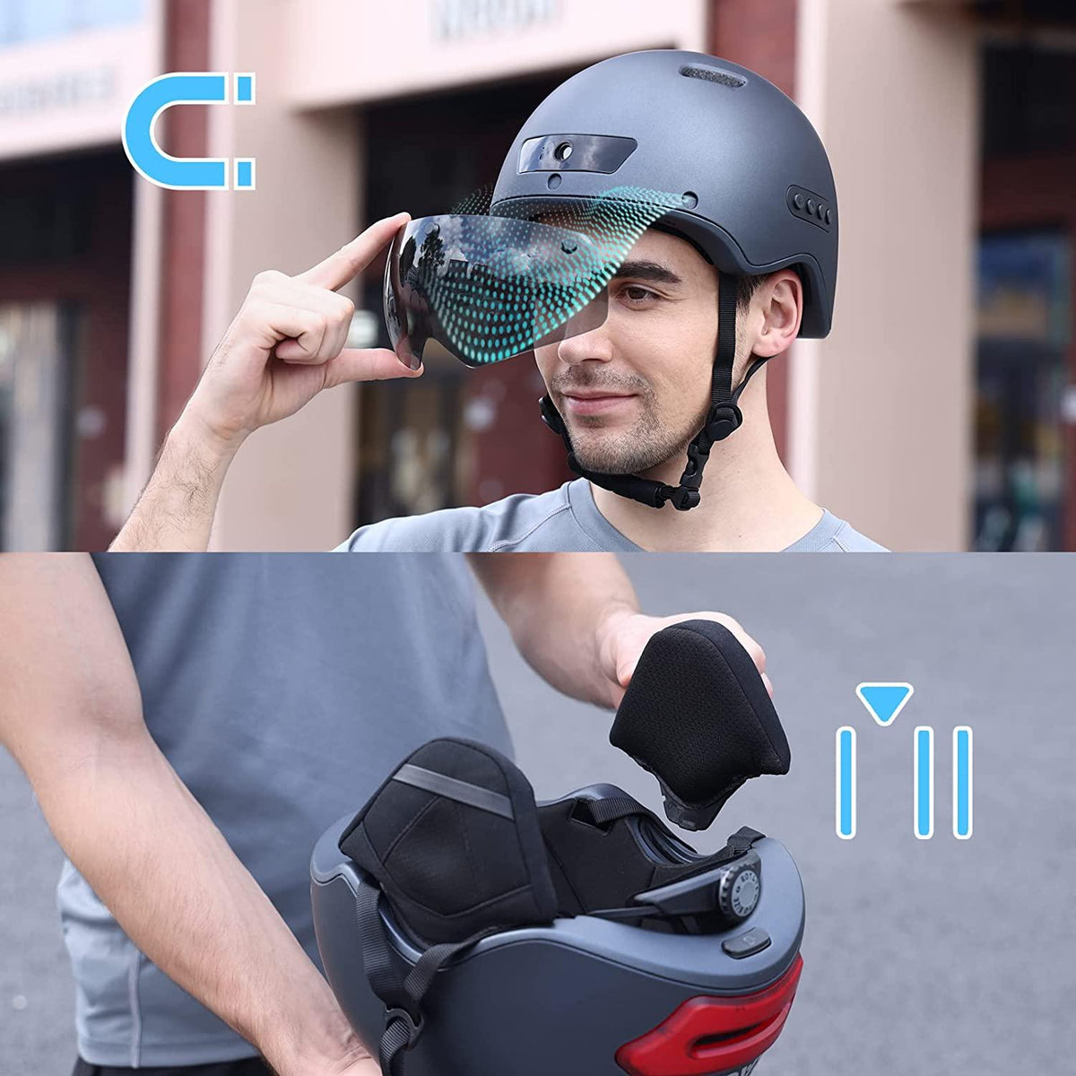KRACESS Adult Bike Helmet Bluetooth Smart Helmet with Driving Recorder and LED Taillight Function for Urban Commuter Detachable Visor Mens/Womens Bike Bluetooth Helmet