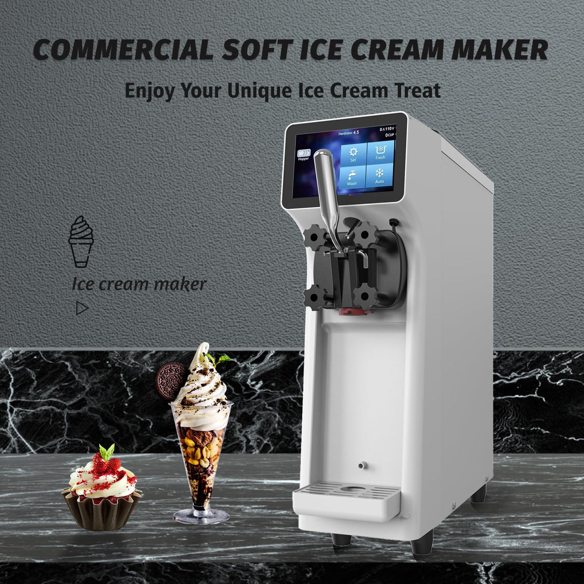 Commercial Ice Cream Maker Machine 1000W 2.7 to 4 Gal/H Single Flavor Soft Serve Ice Cream Machine Pre-cooling Auto Clean LCD Touch Screen Soft Serve Maker for Snack Bar Restaurants