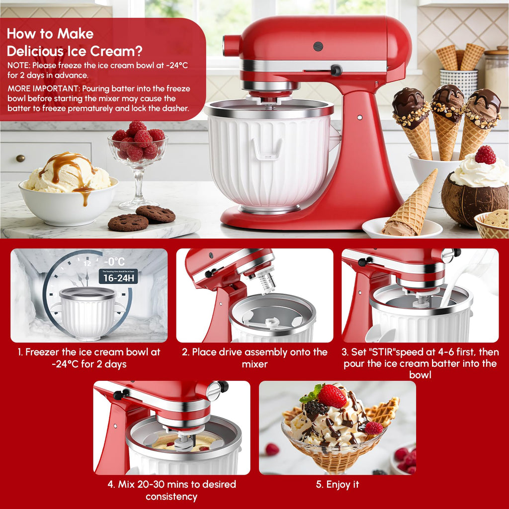 Ice Cream Maker Attachment for  Stand Mixer | 2 Quart Ice Cream Bowl, Fits for  4.5 Qt & Larger Models - Homemade Ice Cream, Gelato & Sorbet, Ice Cream Machine by