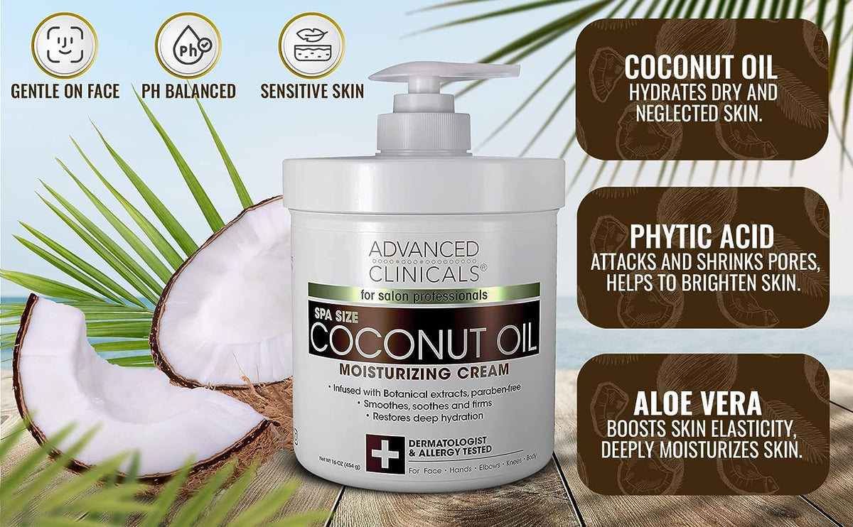 Advanced Clinicals Coconut Body Lotion Moisturizing Cream &amp; Face Lotion For Women &amp; Men | Coconut Lotion | Natural Coconut Oil Cream Skin Care Moisturizer Body Butter Balm For Dry Skin, 16Oz, 2-Pack