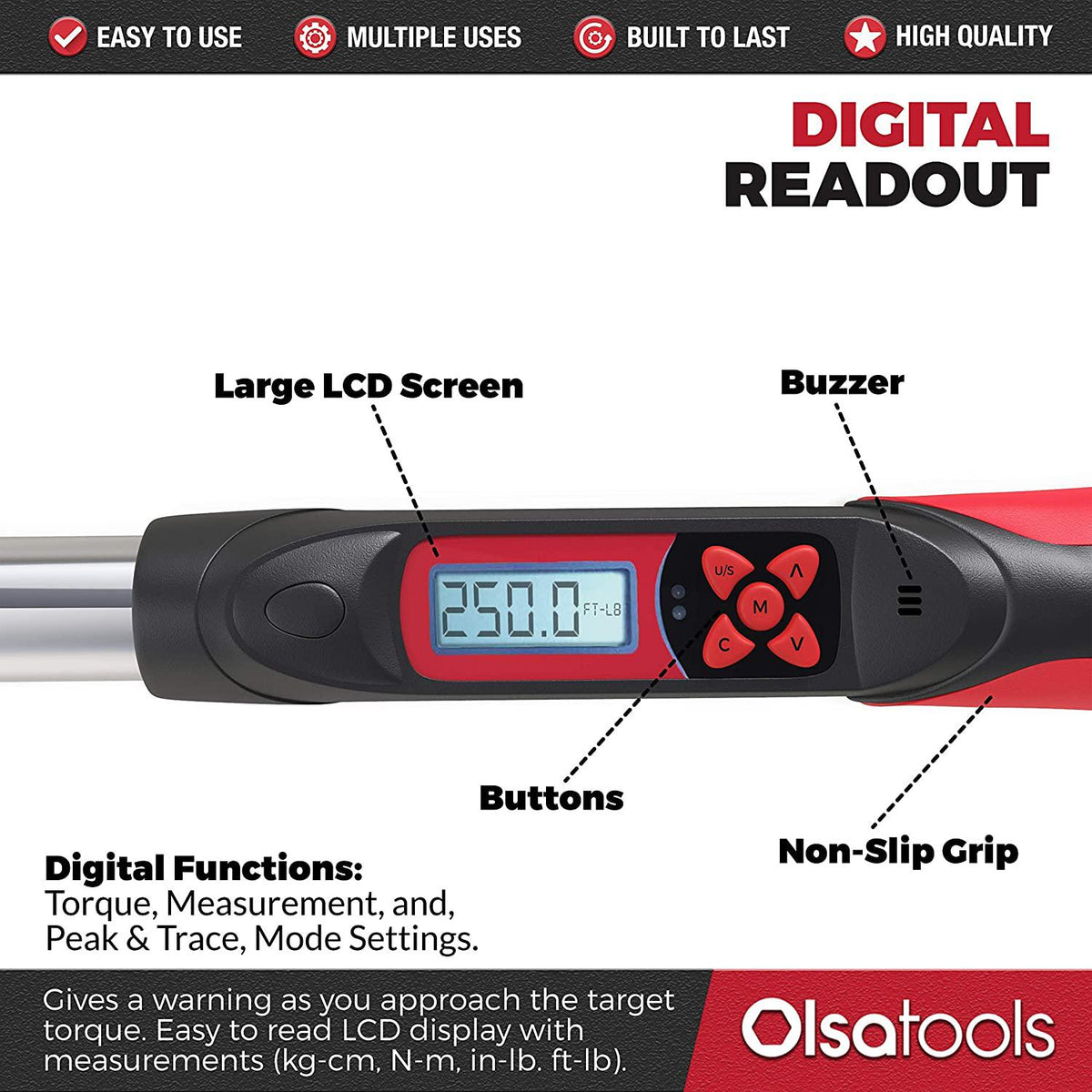 Olsa Tools Digital Torque Wrench, 1/2-Inch Drive (12.5-250 ft-lb Torque Range) | ±1% CW and ±2% CCW Torque Accuracy | Premium Ratcheting Adjustable Torque Wrench | Professional Grade
