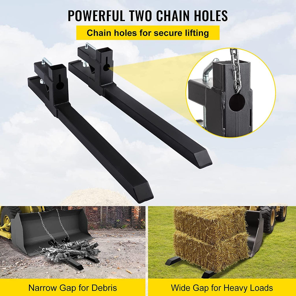 mophorn pallet forks 33.5" 2000 lbs max, clamp on tractor bucket forks 46.9" total length, heavy duty front loader forks, fork attachment for skid steer,loader bucket