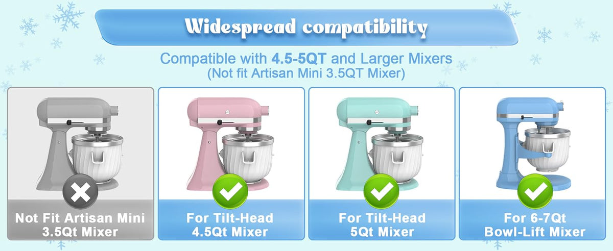 2 Quart Ice Cream Maker Attachment for  Stand Mixers – Fits 4.5QT/5QT/6QT Tilt-Head & Bowl-Lift, Homemade Gelato, Sorbet & Dairy-Ice Cream, No Rock Salt Needed