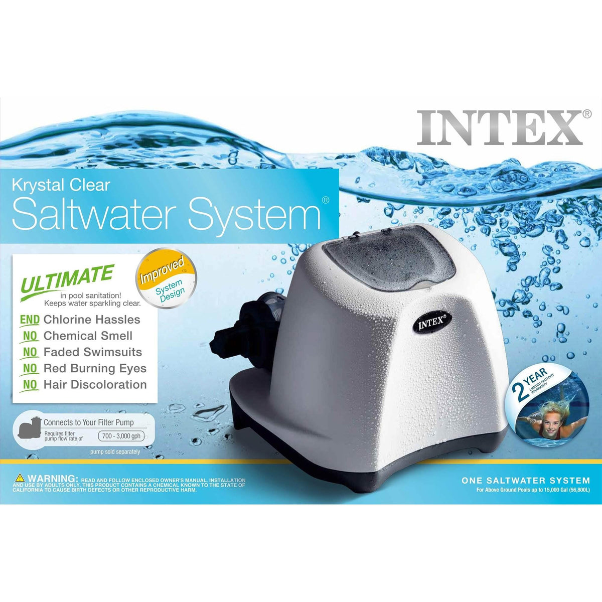 intex 3000 gph pool sand filter pump w/krystal clear saltwater system