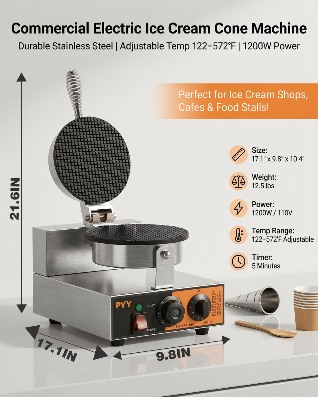 Commercial Waffle Cone Maker Machine, 1200W Ice Cream Cone Maker with Nonstick Plates, Adjustable Temperature & Timer,  Steel Electric Waffle Cone Baker for Ice Cream Shops, Cafes & Home