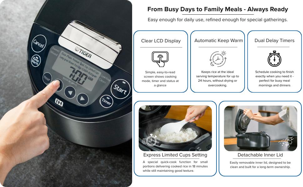 Jpw H10u 5.5 Cup Induction Rice Cooker, 14 Presets, LCD (Black) | 5.5-Cup Ih Rice Cooker, 14 Presets Incl. Express Small-Cup, Far-Infrared Ceramic Inner Pot, Removable Inner Lid, Mauve Black