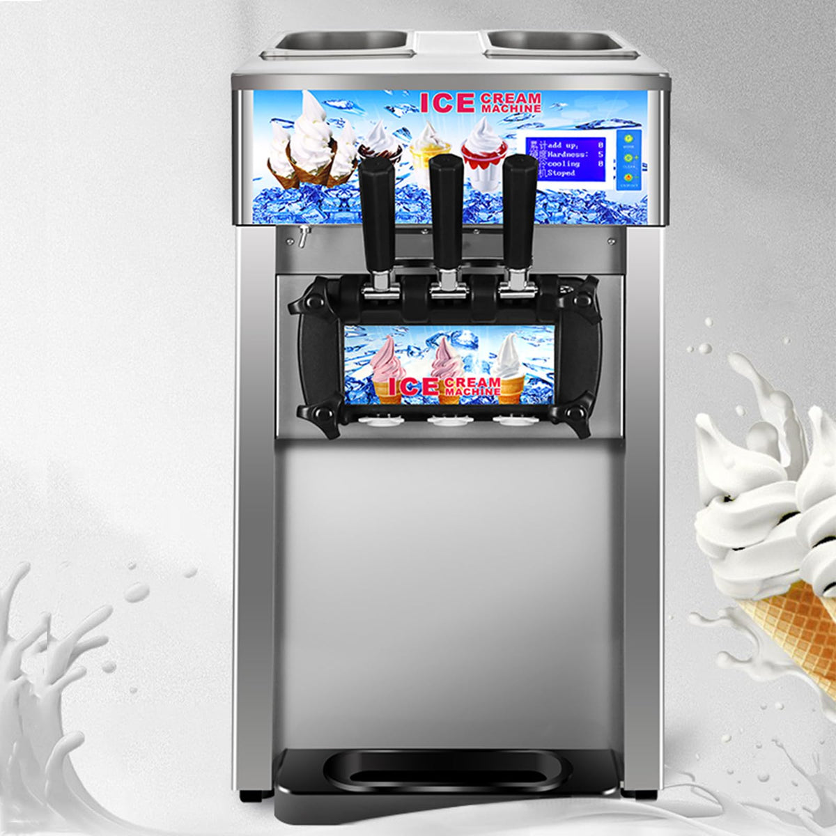 Ice Cream Machine Commercial, 18L/H Yield Soft Serve Ice Cream Maker, 3 Flavors, 1200W Commercial Soft Serve Ice Cream Machine with LCD Panel for Bars Coffee Shop