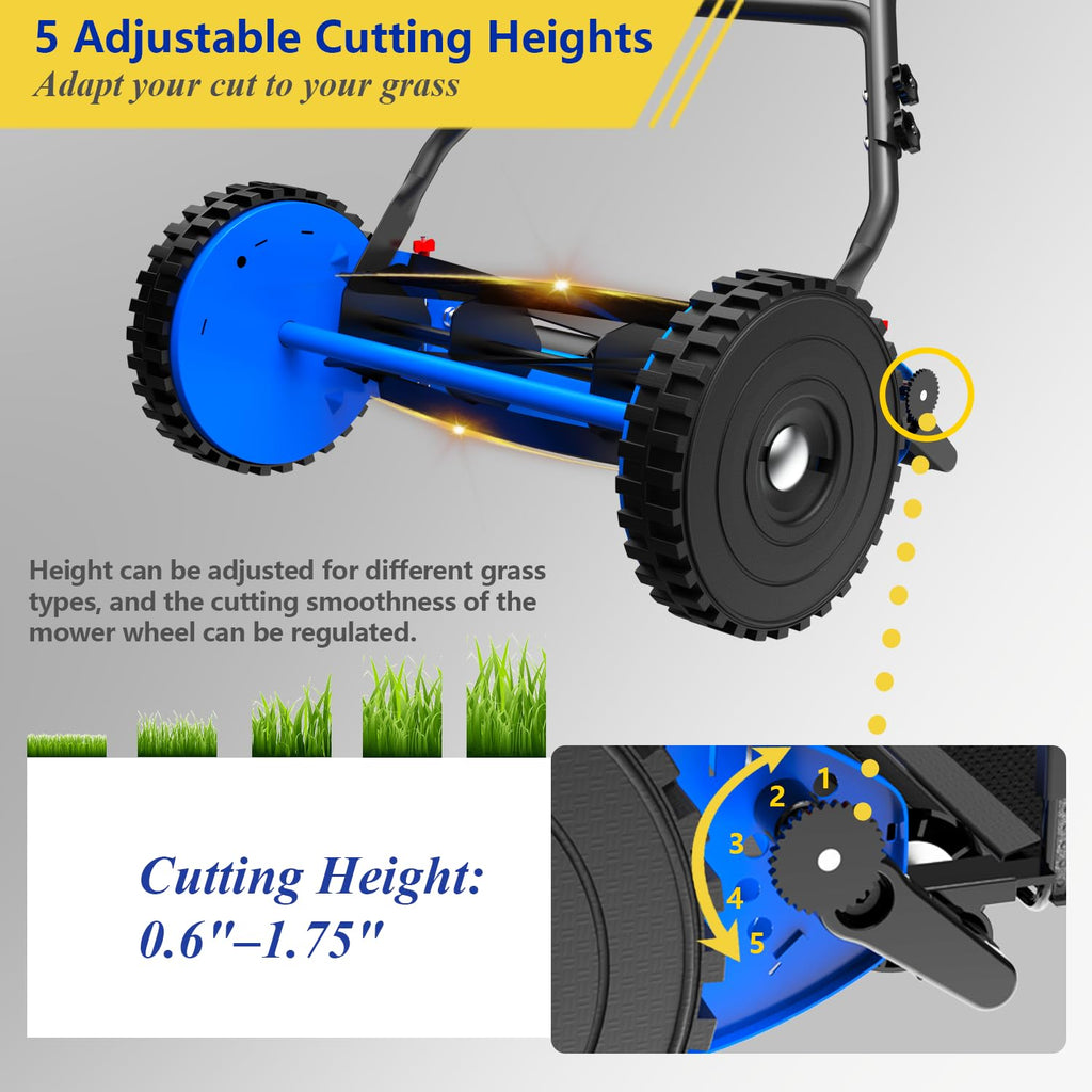 16-Inch Reel Lawn Mower with Grass Catcher and Tool-Blade Adjustment, 5-Blade Manual Push Lawn Mower, 5-Position Height Adjustable