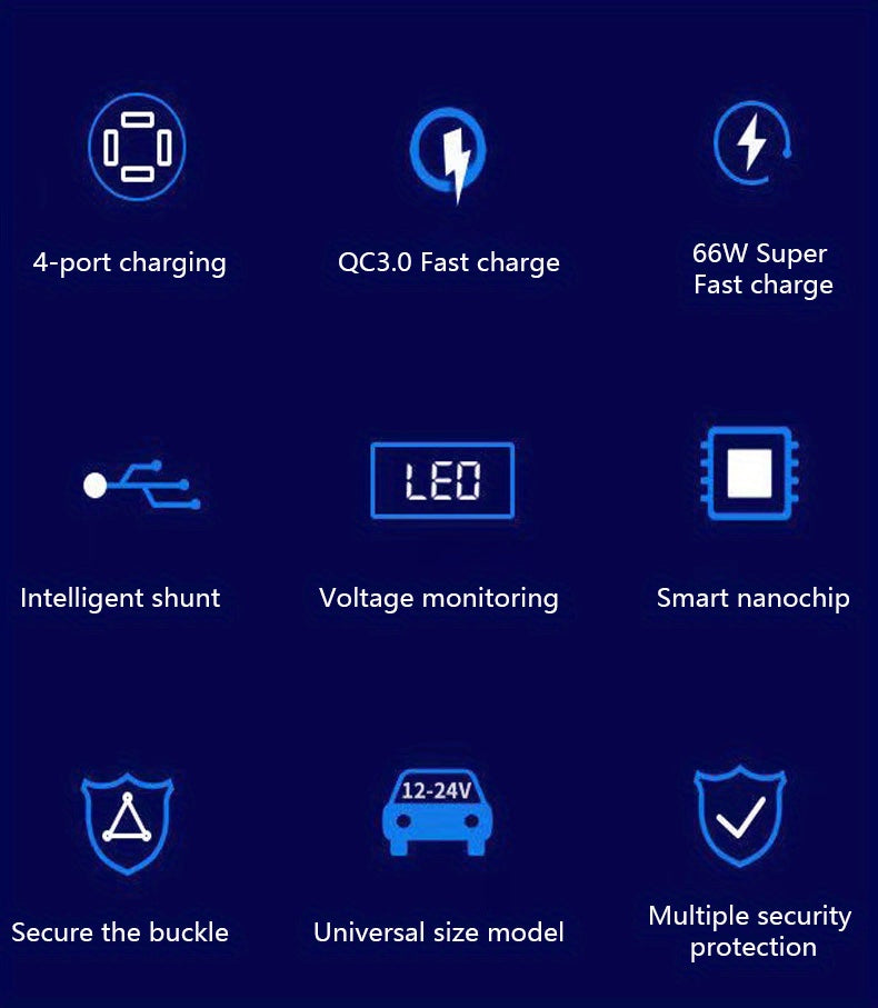 120W Car Charger Fast Charging 4 Usb Digital Display Car Fast Charger 4-in-1 PD Mobile Phone Charging Head 7AQC3.0 Car Phone Adapter Car Accessories
