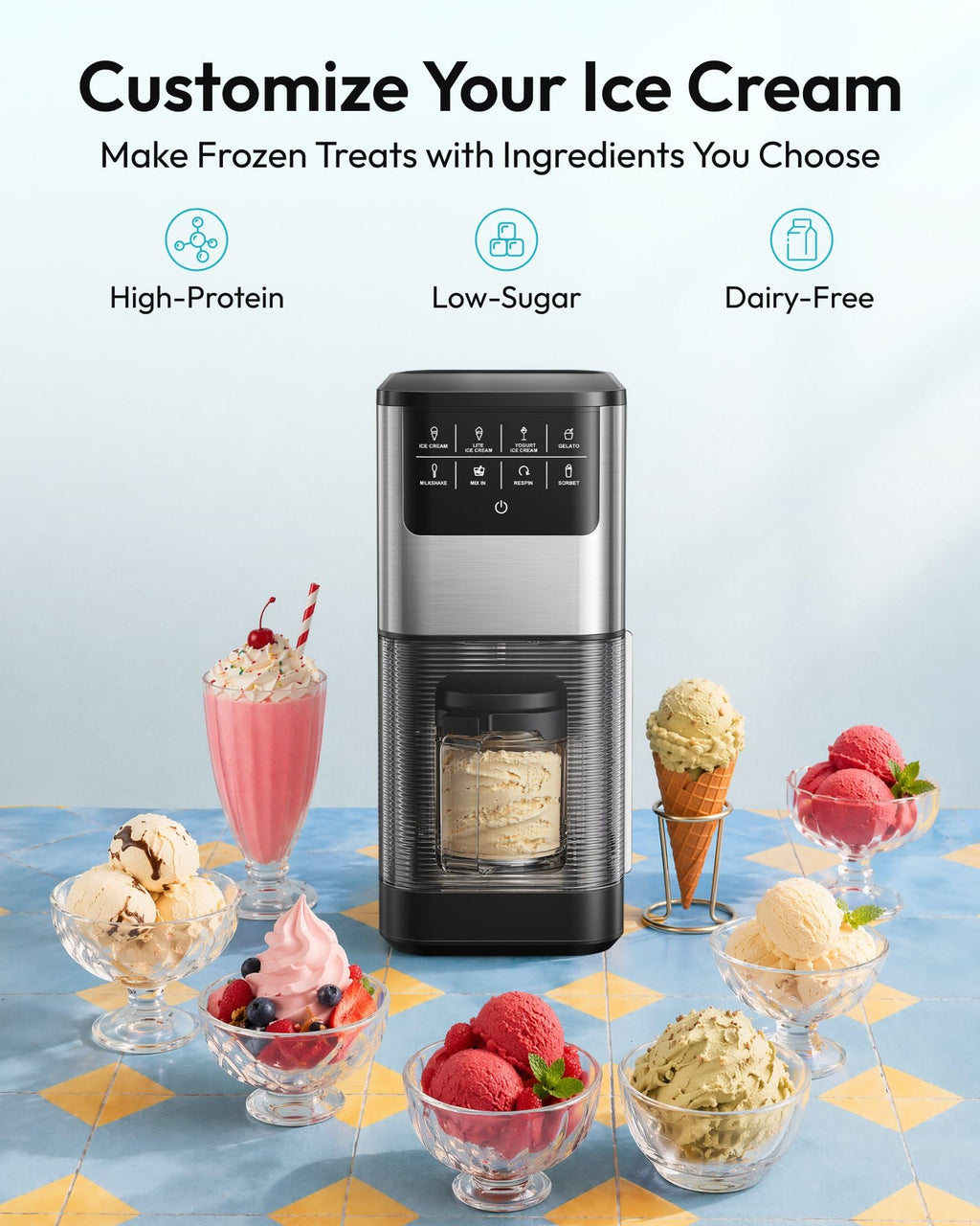 Ice Cream Maker, 7-in-1 Ice Cream Machine for Gelato, Sorbet & Milkshakes, 1 Pint Compact Homemade Dessert Maker with Re-Spin for Keto, Protein & Healthy Treats