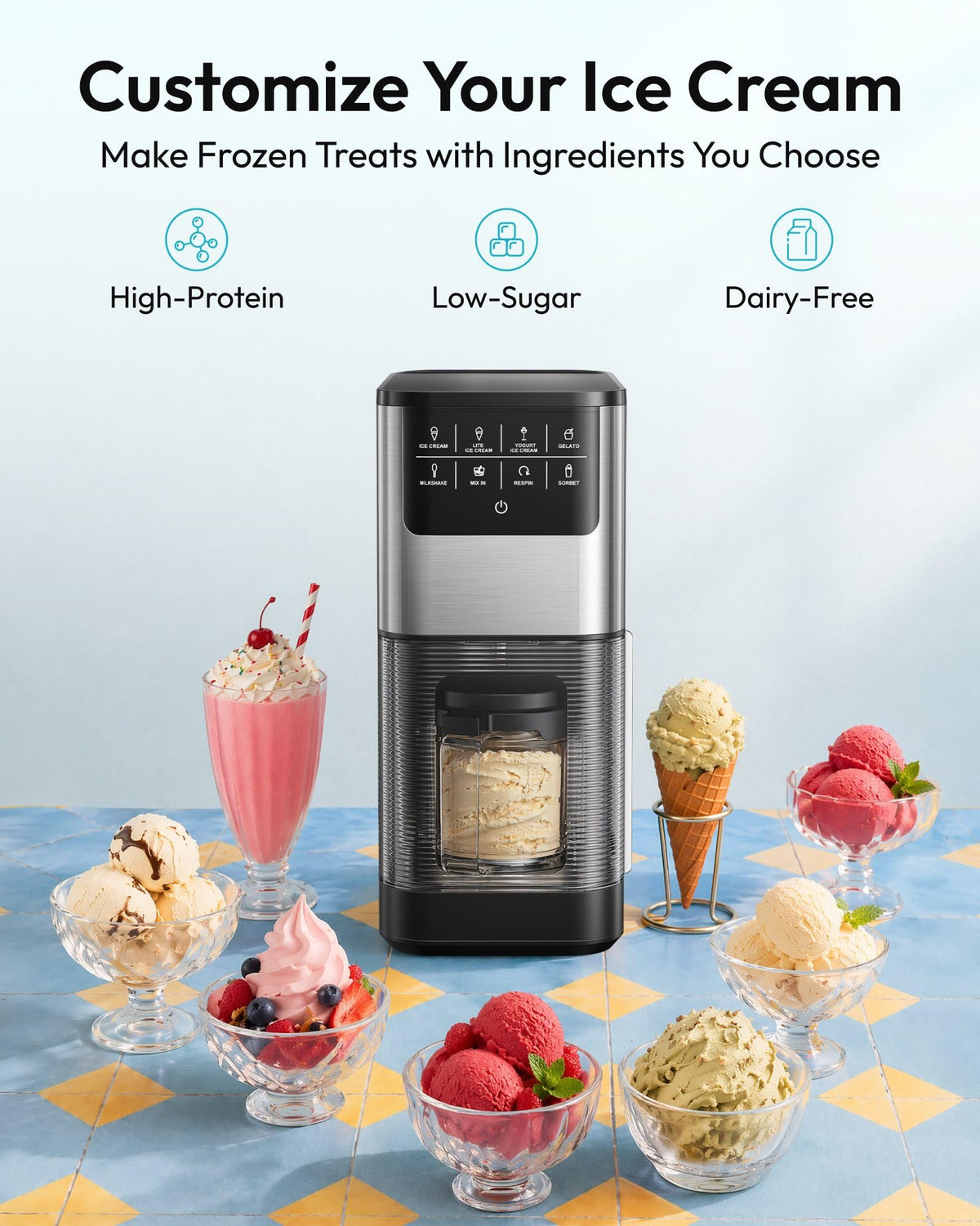 Ice Cream Maker, 7-in-1 Ice Cream Machine for Gelato, Sorbet & Milkshakes, 1 Pint Compact Homemade Dessert Maker with Re-Spin for Keto, Protein & Healthy Treats