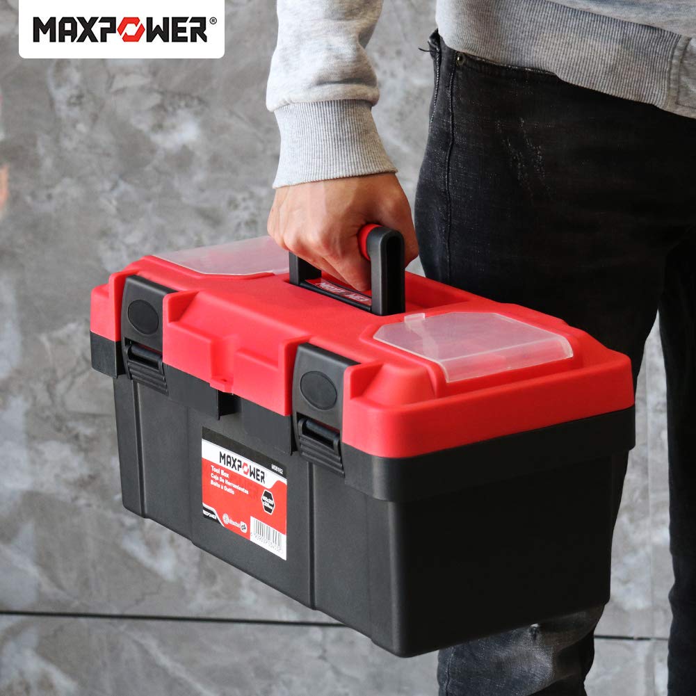 Tool Box 16 inch, Plastic Small Tool Box with Latch and Removable Tray, Lockable Toolbox for Home