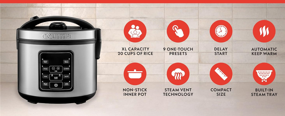 Rice Cooker – 5 Qt Capacity, 20 Cup Cooked, 10 Cup Uncooked, Digital Controls, 6 CooPresets, Grain Cooker & Steamer, Nonstick Pot, Steam Tray, Delay Timer, Keep Warm,  Steel