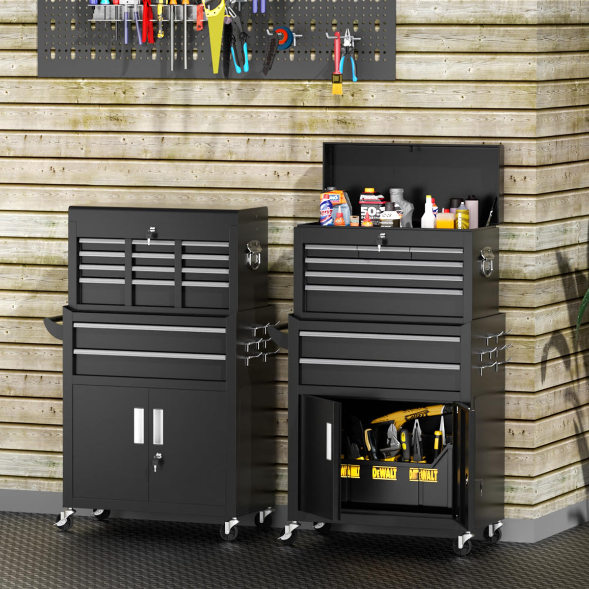 8-Drawers Rolling Tool Chest, Assembled Tool Chest with Wheels, Detachable Top Tool Box, Tool Cabinet for Repair Room,Warehouse, Rolling Tool Box with Hooks,Tray Divider,Liners(Black)