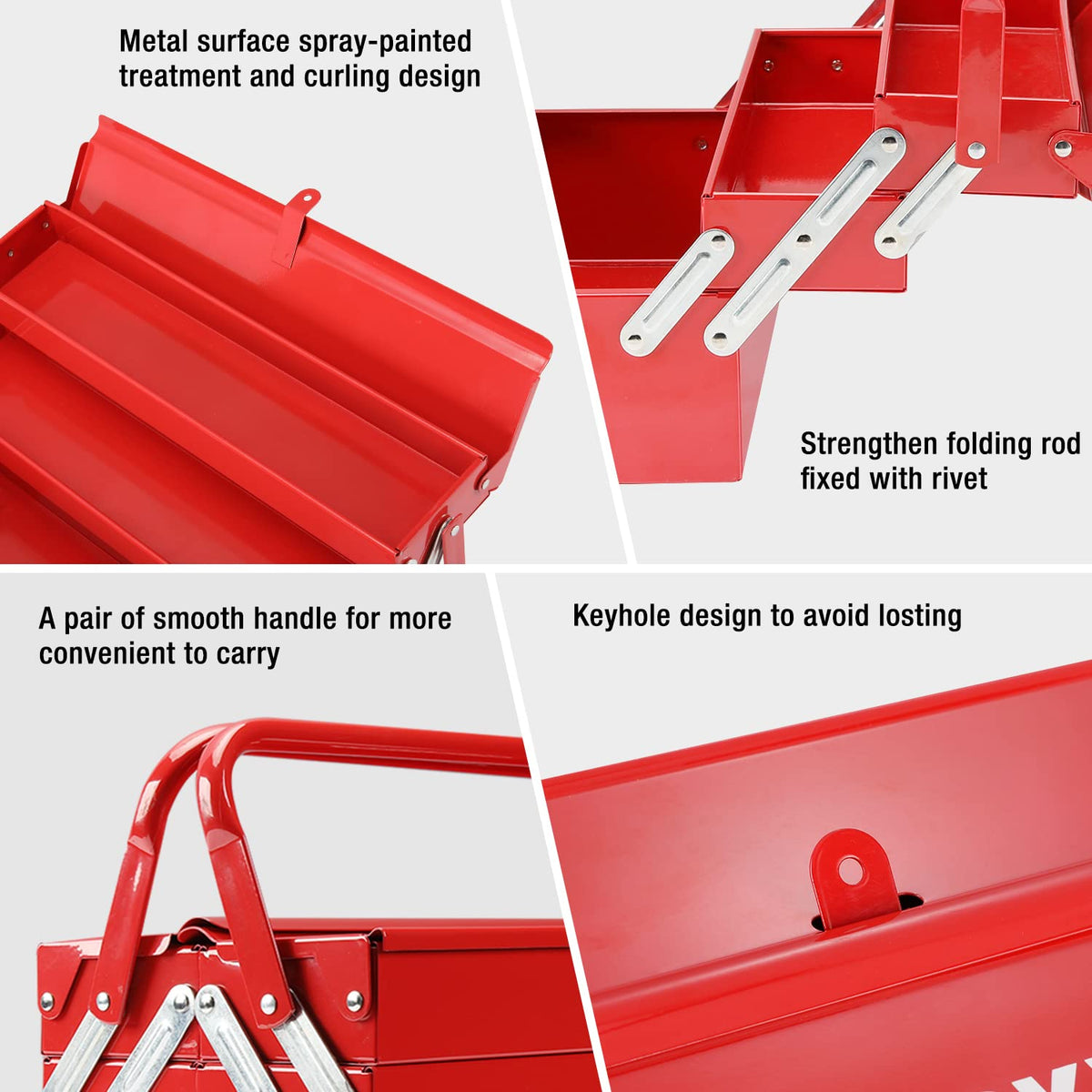 Metal Tool Box, 18-inch Cantilever Folding Red StoraBox, 3-Layer 5-Tray Multi-Function Tool Organizer, Red