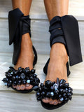 Fashion Women Ankle Strap Beaded Flat Sandals