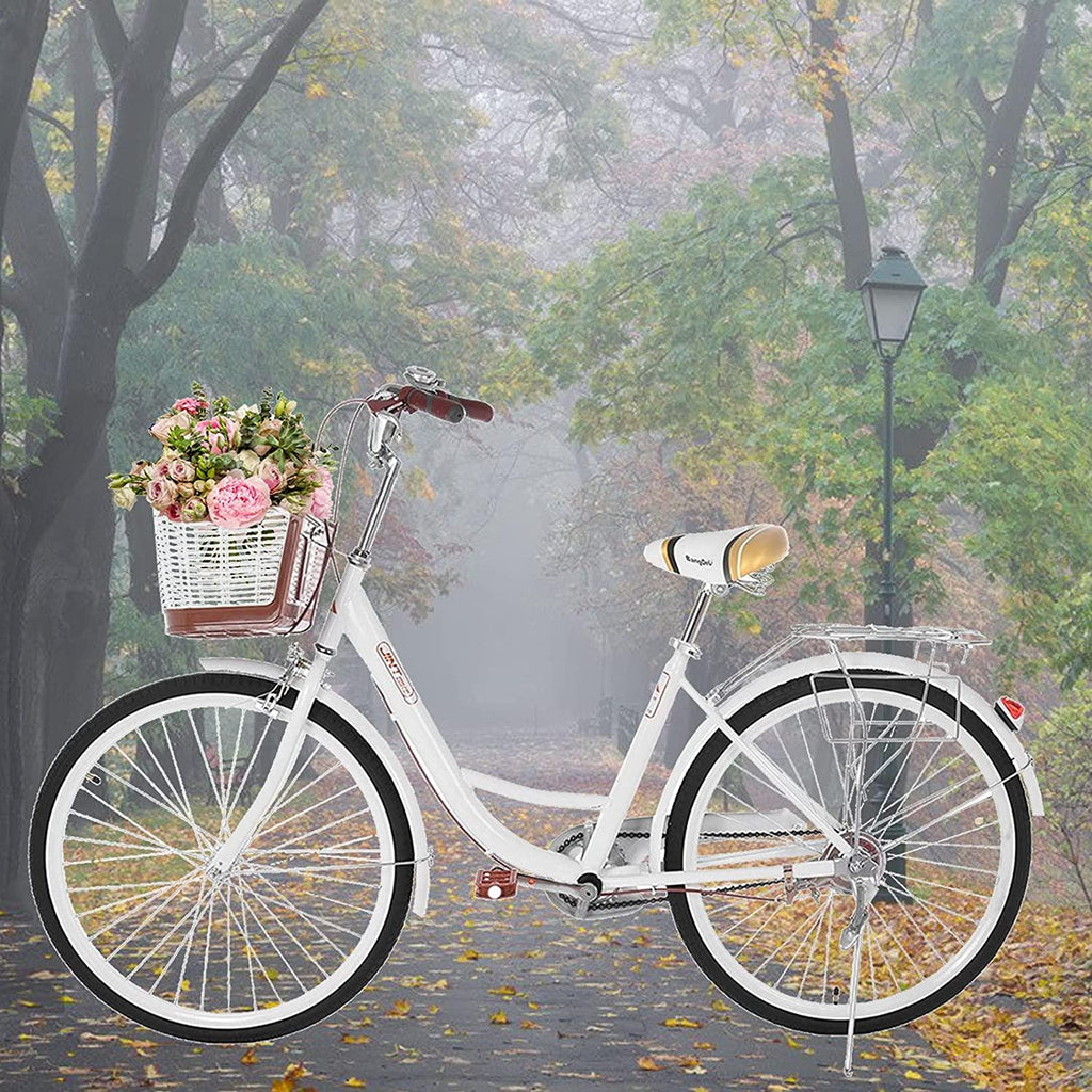 Womens Bike Complete Cruiser Bikes for Women Commuter Bike Single Speed Classic Retro Bicycle with Basket, Front and Rear Fenders, Rear Rack, and 26-Inch Wheels
