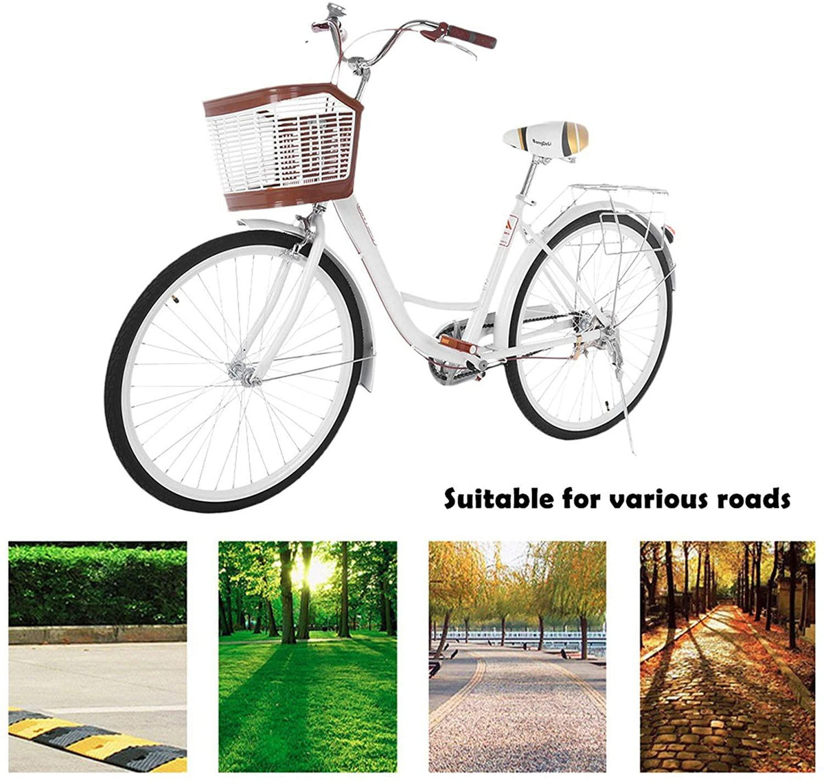 Womens Bike Complete Cruiser Bikes for Women Commuter Bike Single Speed Classic Retro Bicycle with Basket, Front and Rear Fenders, Rear Rack, and 26-Inch Wheels