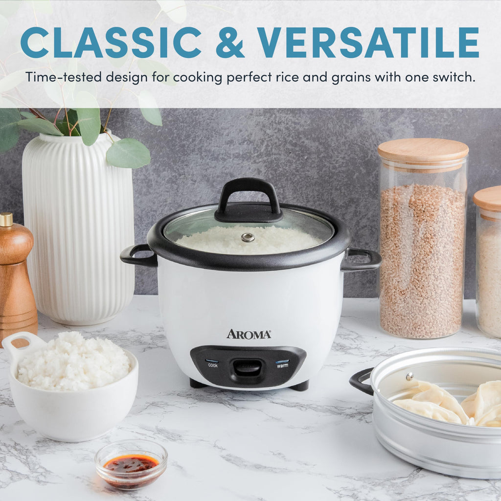 Rice Cooker, 3-Cup (Uncooked) / 6-Cup (Cooked), Steamer, Small Rice Cooker, Oatmeal Cooker, Soup Maker, Auto Keep Warm, 1.5 Qt, White, ARC-743-1NG