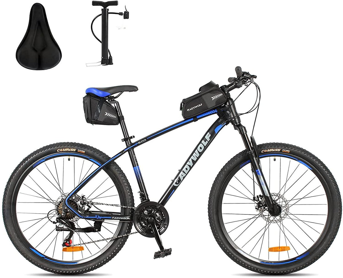 Mountain Bike Aluminum Alloy,27.5x17.5 inch Frame, 21 Speed Derailleurs,Suspension Front Fork and Dual-Disc Brake,Bicycle Bags with Seat Cover and Pump for Adult/Youth/Man and Women