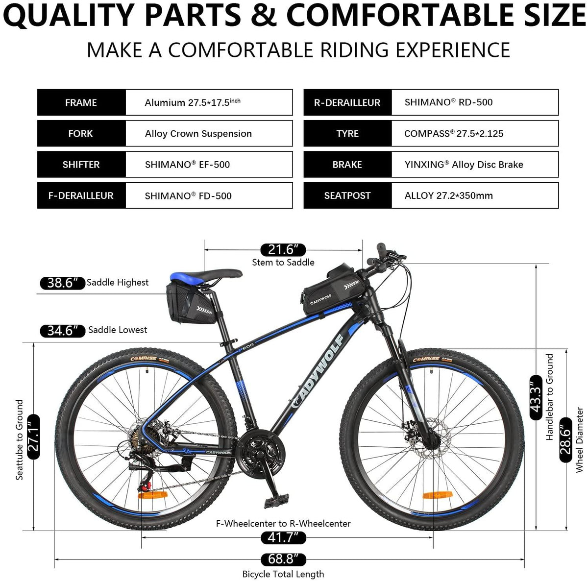 Mountain Bike Aluminum Alloy,27.5x17.5 inch Frame, 21 Speed Derailleurs,Suspension Front Fork and Dual-Disc Brake,Bicycle Bags with Seat Cover and Pump for Adult/Youth/Man and Women