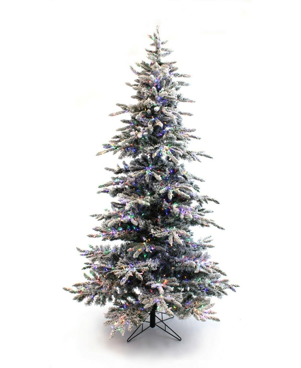 Perfect Holiday 7.5' Pre-Lit Slim Flocked Christmas Tree White Multicolor Lights