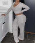 v-neck long sleeve crop top &amp; drawstring flare leg pants set