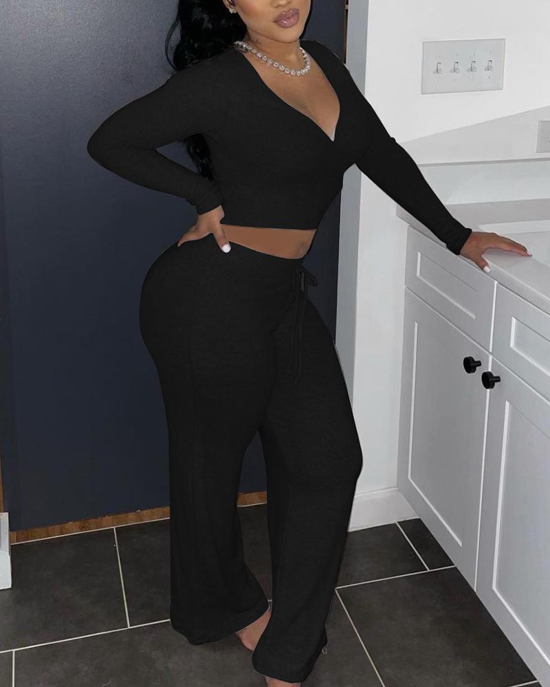 v-neck long sleeve crop top &amp; drawstring flare leg pants set