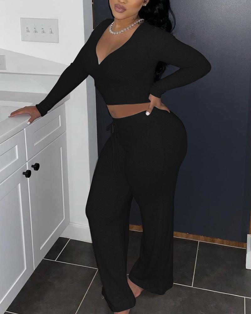 v-neck long sleeve crop top &amp; drawstring flare leg pants set