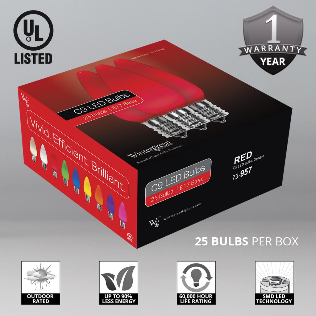 Opticore LED C9 Smooth Ceramic-Style Red and Warm White Christmas Lights with Shatterproof Christmas Bulbs, 50 Lights, 50’