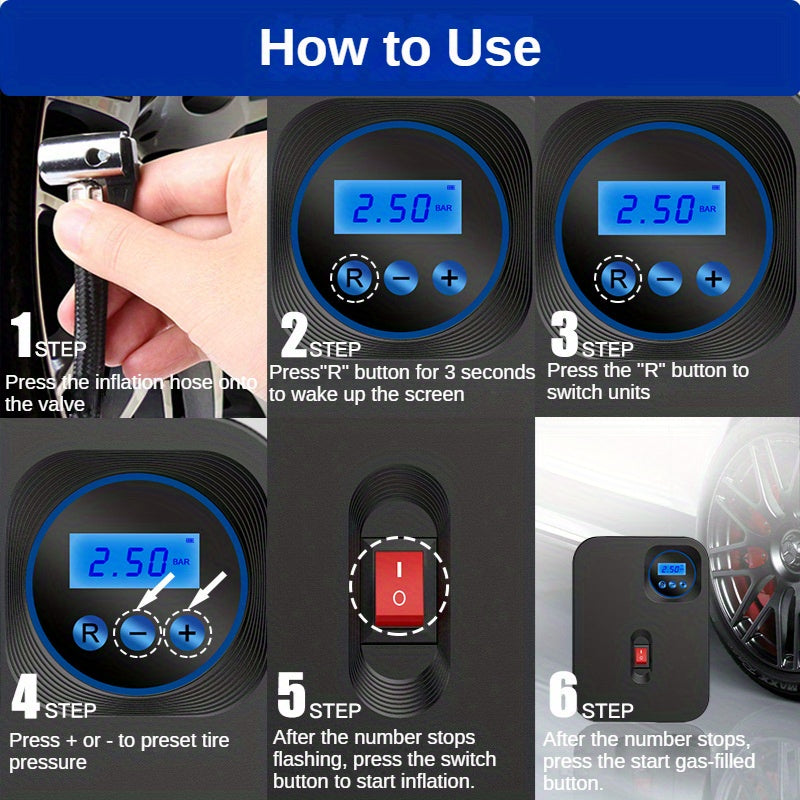 Car Tire Air Compressor, Tire Inflator Pump 12V DC Car Tire Pump With Digital Pressure Gau150PSI With Car Power Adapter Auto Shut Off For Car Tires