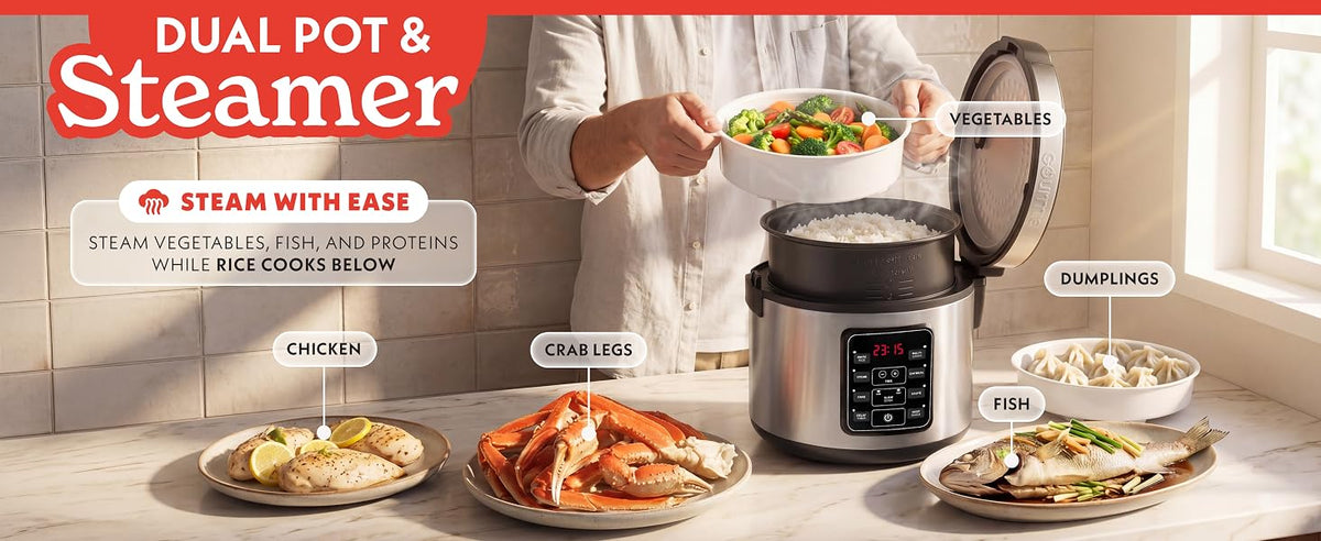 Rice Cooker – 5 Qt Capacity, 20 Cup Cooked, 10 Cup Uncooked, Digital Controls, 6 CooPresets, Grain Cooker & Steamer, Nonstick Pot, Steam Tray, Delay Timer, Keep Warm,  Steel