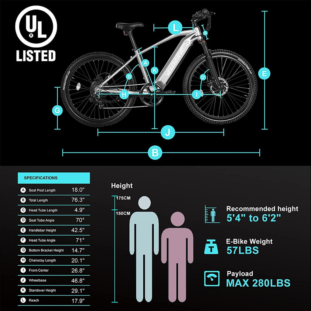 VELOWAVE Electric Bike Adults 500W 27.5'' Ebike 25MPH Mountain E-Bike 48V 13Ah Lithium-Ion Battery Removable  7-Speed UL Certified